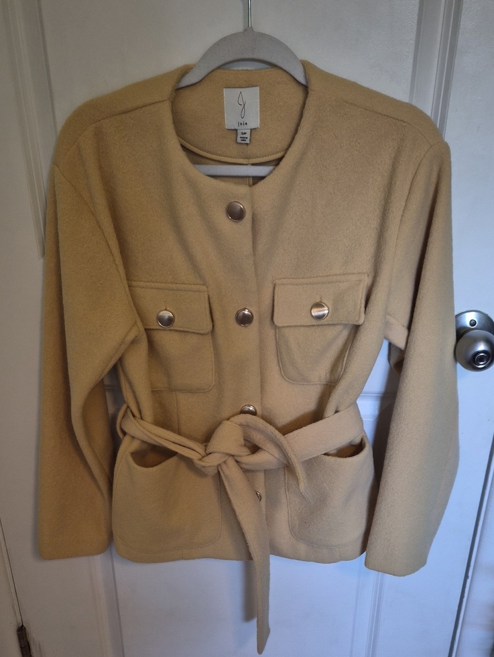 Joie Tan Wool Belted Pea Coat with Button Flap Pockets